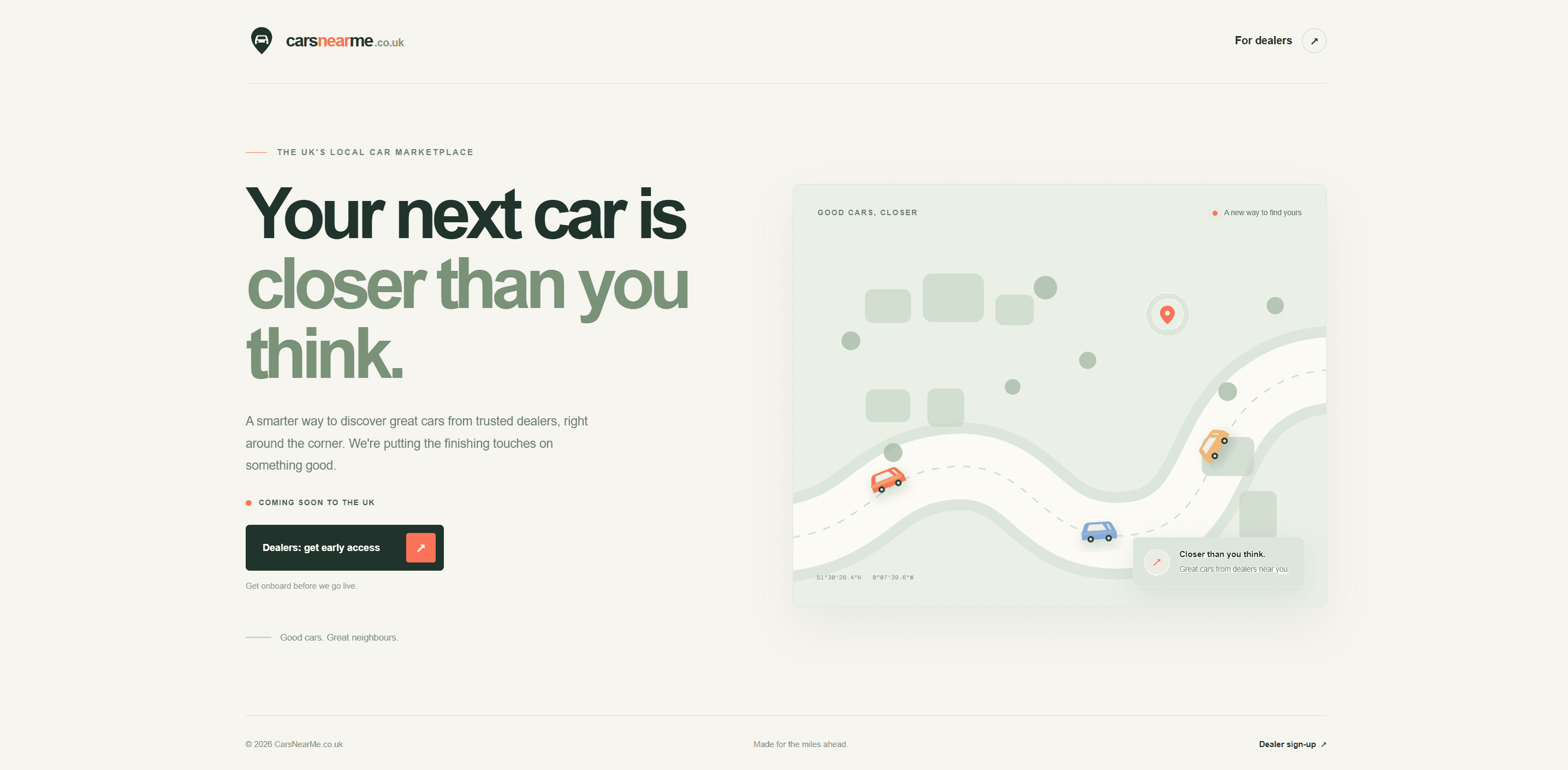 Preview of CarsNearMe, a local vehicle marketplace with a map and cars for sale